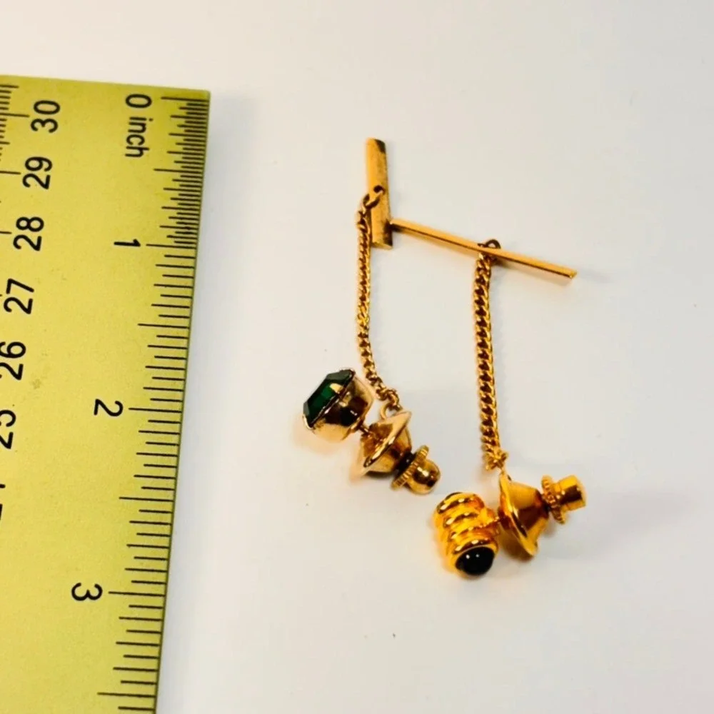 Vintage Tie Tacks Gold Green Black Faux Emerald Formal Dark Academia Preppy